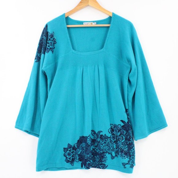 Unity World Tunic Sweater Womens Blue Pullover Floral Pattern Scoop Neck Size XL - Picture 1 of 9